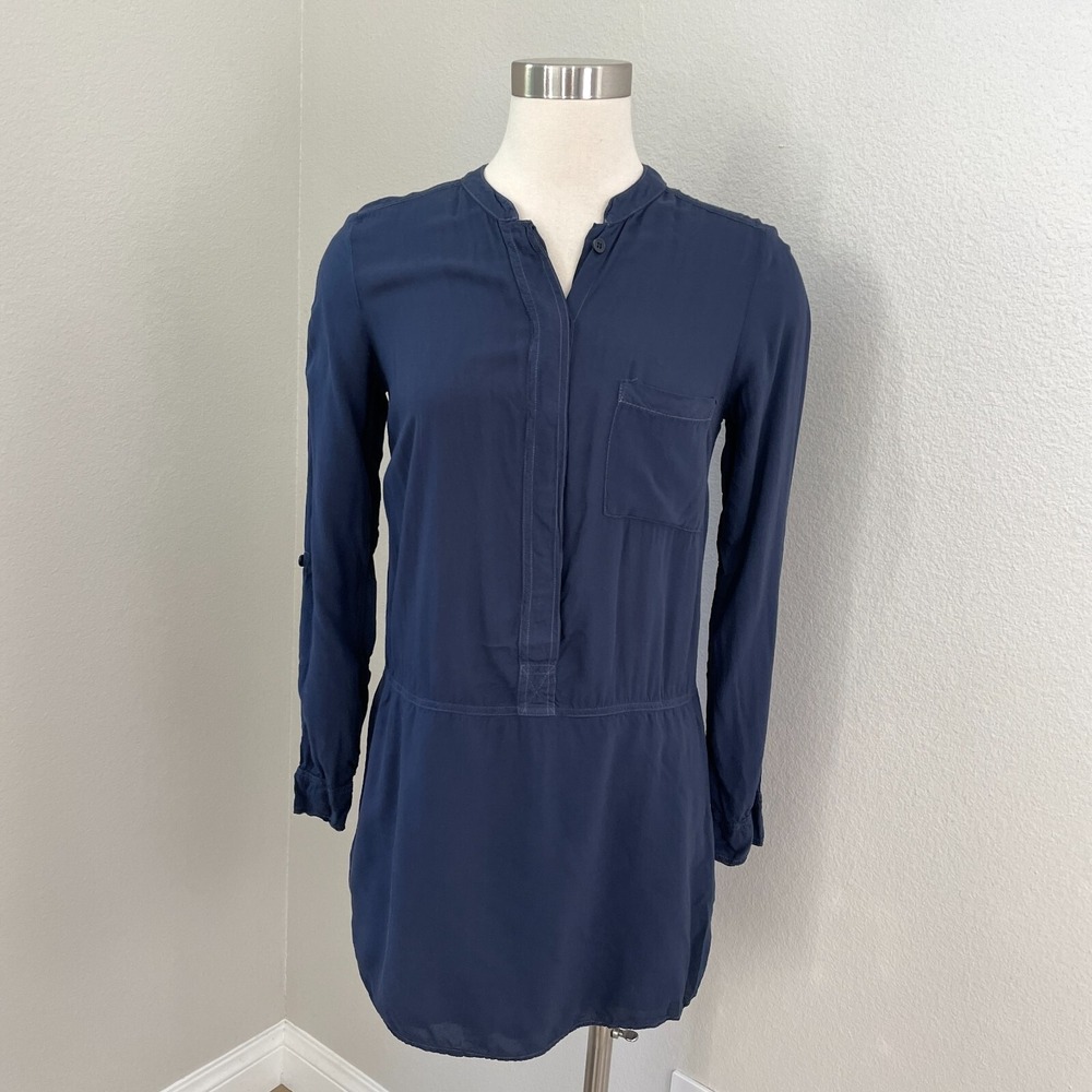 Splendid Womens Small Navy Blue Tunic Top Roll Tab Sleeve Button Front Shirt